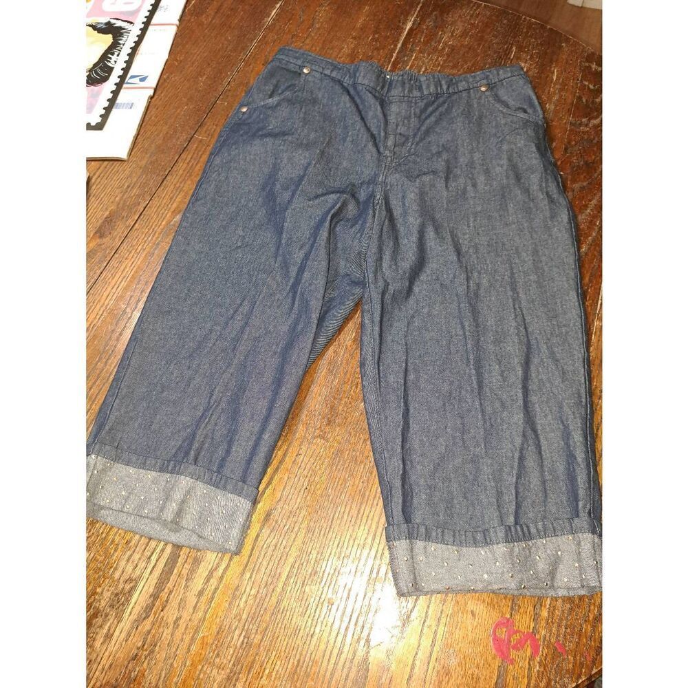 16P American Sweetheart Denim Blue Jean Cotton Capri Cuffed Hem Studded